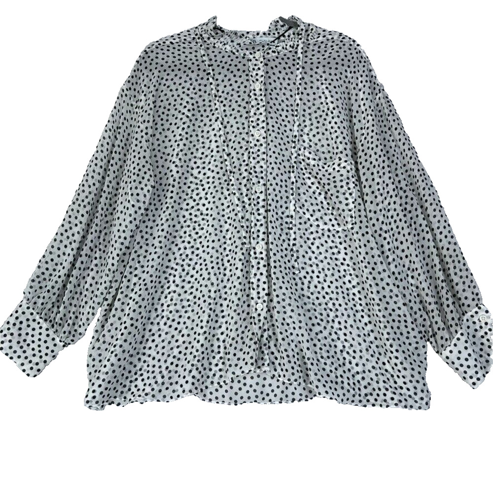 Zara Blouse Womens Large Oversized Polka Dot Button Up Black White Sheer Ruffle